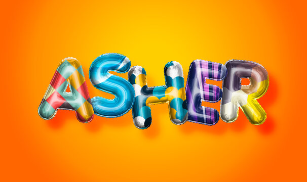 Asher male name, colorful letter balloons background