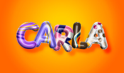 Carla female name, colorful letter balloons background