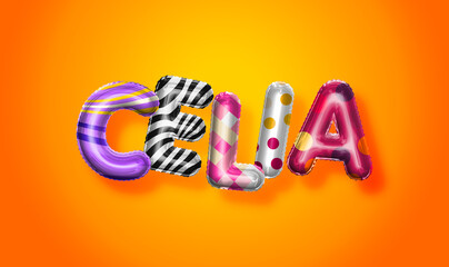 Celia female name, colorful letter balloons background