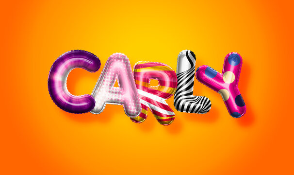 Carly female name, colorful letter balloons background