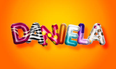 Daniela female name, colorful letter balloons background