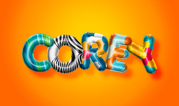 Corey male name, colorful letter balloons background