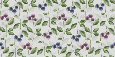 Panele Szklane  Botanical seamless pattern with vintage graphic blueberries and leaves. Hand-drawn illustration. Light background. Good for production wallpapers, cloth and fabric printing.