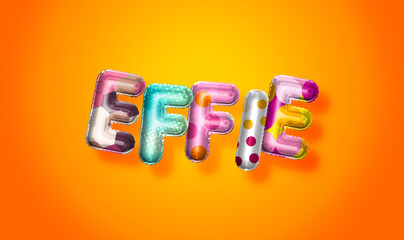 Effie female name, colorful letter balloons background