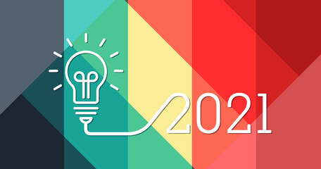 Fototapeta na wymiar Creativity light bulb idea with 2021 new year design with a light-bulb on the abstract color pattern background. The solution, planning ideas. Business, glowing