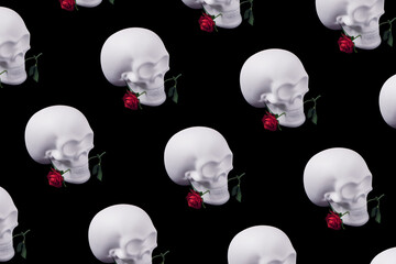 Skull pattern with rose flowers. Minimal romantic love concept. Halloween creative background.