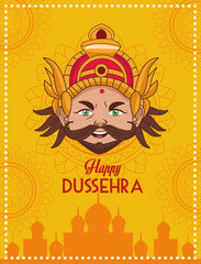 happy dussehra festival poster with ravana head with mosque building