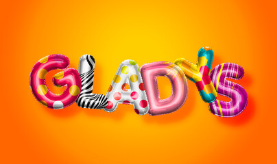 Gladys female name, colorful letter balloons background