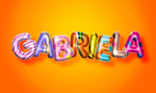 Gabriela female name, colorful letter balloons background
