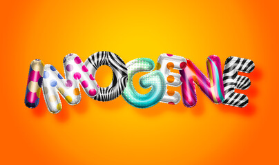 Imogene female name, colorful letter balloons background