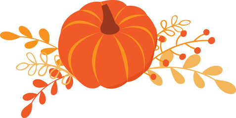 Cozy hygge style. Warm autumn mood. Orange pumpkin and autumn leaves isolated on white background. Cute flat cartoon vector illustration. Fall vibes, home design, Halloween.