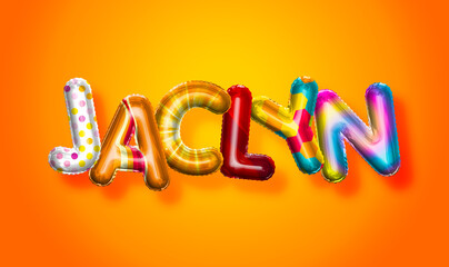 Jaclyn female name, colorful letter balloons background