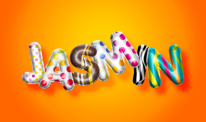 Jasmin female name, colorful letter balloons background