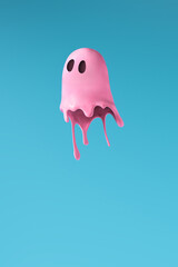 Pink Halloween ghost made out of paint. Minimal holiday fun spooky concept. Autumn season...