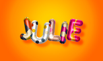 Julie female name, colorful letter balloons background