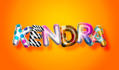 Kendra female name, colorful letter balloons background