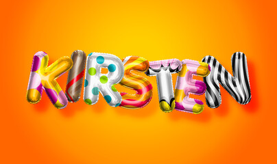 Fototapeta na wymiar Kirsten female name, colorful letter balloons background