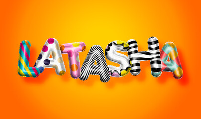 Latasha female name, colorful letter balloons background