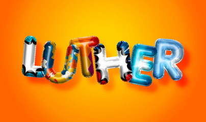Luther male name, colorful letter balloons background
