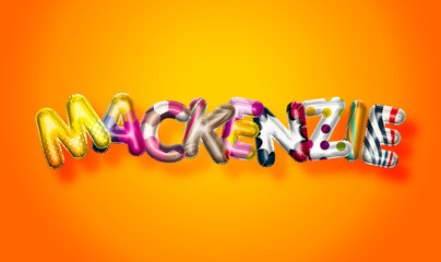 Mackenzie female name, colorful letter balloons background