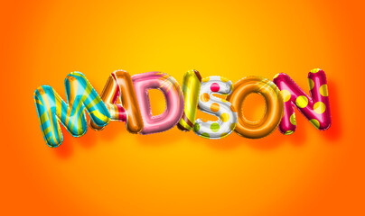 Madison female name, colorful letter balloons background