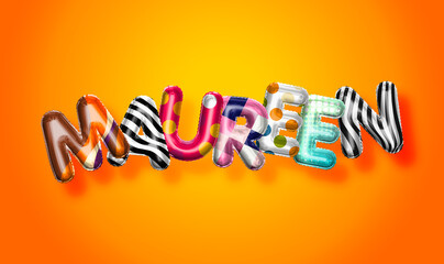 Maureen female name, colorful letter balloons background