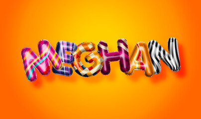 Meghan female name, colorful letter balloons background