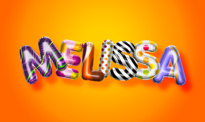 Melissa female name, colorful letter balloons background