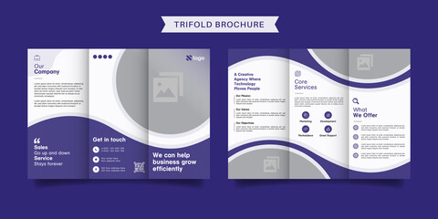 Corporate business trifold brochure template. Modern, Creative and Professional tri fold brochure vector design. Simple and minimalist promotion layout with blue  color.