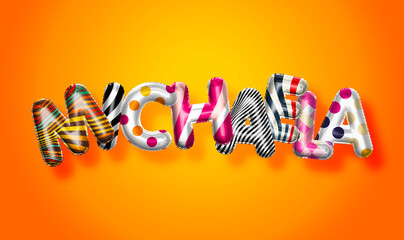 Michaela female name, colorful letter balloons background © psdgraphicscom