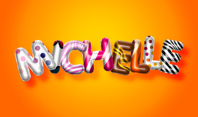 Michelle female name, colorful letter balloons background