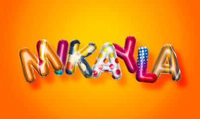 Mikayla female name, colorful letter balloons background