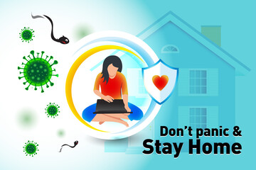 Coronavirus outbreak vector concept. A girl sits in with notebook under a force shield. Covid-19 virus in air. Staying home with self quarantine. Protect from viruses