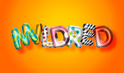 Mildred female name, colorful letter balloons background