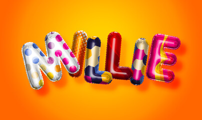 Millie female name, colorful letter balloons background