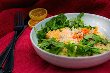 Salmon steak Sorrel sauce and rice
