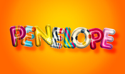 Penelope female name, colorful letter balloons background