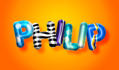 Philip male name, colorful letter balloons background