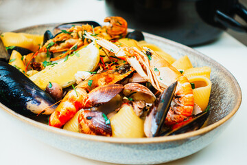 closeup mix seafood Shrimp and Mussels salad
