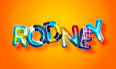 Rodney male name, colorful letter balloons background