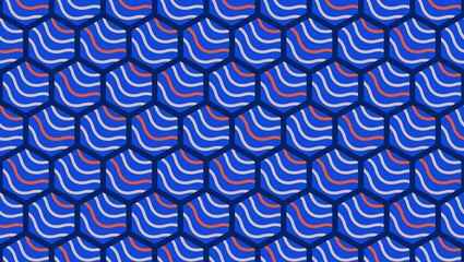 blue seamless pattern with waves and hexagons