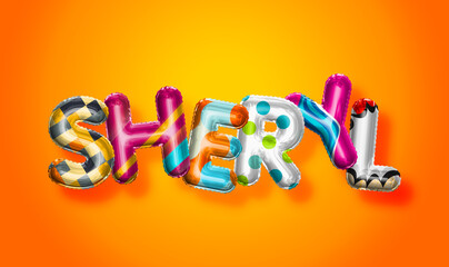 Sheryl female name, colorful letter balloons background
