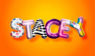 Stacey female name, colorful letter balloons background