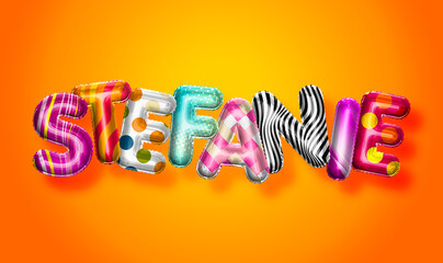 Stefanie female name, colorful letter balloons background