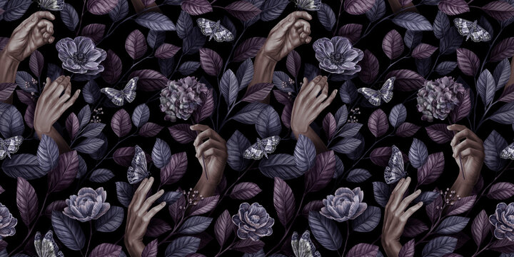 Abstract seamless graphic pattern with woman hands, butterflies, leaves and vintage flowers. Hand-drawn illustration. Trendy glamorous design. Good for production wallpapers, cloth&fabric printing. 