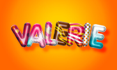 Valerie female name, colorful letter balloons background