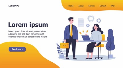 Businessman and businesswoman with broken laptop. Employees failed reading document flat vector illustration. Technology and office work concept for banner, website design or landing web page