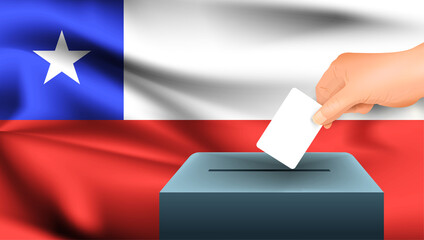 Male hand puts down a white sheet of paper with a mark as a symbol of a ballot paper against the background of the Chile flag. Chile the symbol of elections