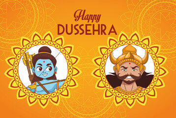 happy dussehra festival poster with blue rama and ravana characters