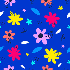 Fototapeta na wymiar Vector seamless pattern with beautiful chamomile flower and leaves on blue color background.